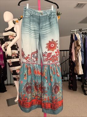 Boho Floral Embroidered Teal Wide-Leg Women’s Jeans